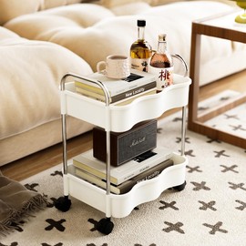 2 Tier Utility Rolling Cart with Wheels Under Desk Storage Cart Organizer with Handle for Home Kitchen Bathroom Office Organization White