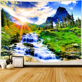 Delur Mountain Waterfall Tapestry Sunset Forest Tapestry Tree Nature Landscape Tapestry Rainforest Scenery Tropical Tapestry Psychedelic Wall Hanging Headboard Tapestry for Home Decor (51.2" x 59.1")