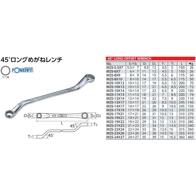 Kyoto Machine Tools (KTC) 45 Degree Long Glasses Wrench M25-19X22