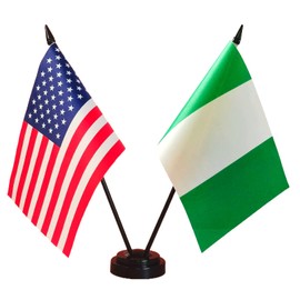 America & Nigeria Friendship Twin Desk Flag, US Nigeria Table Flags, 8 x 5 Inches American & Nigerian Deluxe Desk Flag Set - Miniature USA & Nigeria Stick Flag with Flag Stand