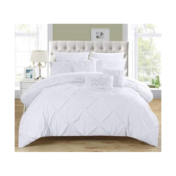 Chic Home 10 Piece Hannah Pinch Pleated, ruffled and pleated complete King Bed In a Bag Comforter Set White With sheet set