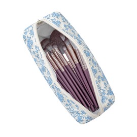 WHHJM Cute Floral Makeup Brush Bag Small Cotton Quilted Cosmetic Bag for Women Travel Toiletry Zipper Make Up Pouch (Blue Floral)