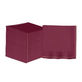Luxe Party 120 Pack Sqaure Cocktail Napkins, Disposable, Premium 3 Ply Paper, 5 x 5 Inch, Decorative Beverage Napkin, Cranberry with Gold Stripe