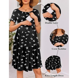 Ekouaer Nursing Dress Summer Short Sleeve Breastfeeding Casual Knee Length Maternity Dresses Black Floral L
