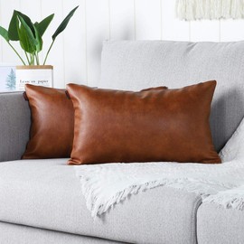 Mandioo Set of 2 Faux Leather Decorative Throw Pillow Covers Modern Solid Outdoor Cushion Cases Luxury Pillowcases for Couch Sofa Bed 12x12 Inches Brown
