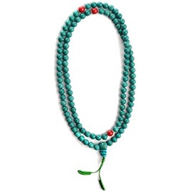 BUDDHAFIGUREN Buddhist Prayer Chain Beads Turquoise with Red Jasper Mala Beads 8 mm With Dorje and Bag