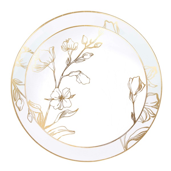 PLASTICPRO 60 Piece Combo Plates Set includes 30-7'' inch Plates & 30-10'' inch Plate White Plastic Floral Design Party Plates With Gold Rim, Premium heavyweight Elegant, Tableware,