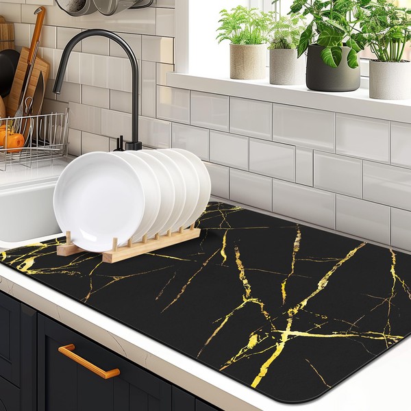 MEWOOCUE Black gold marble Dish Drying Mat Super Absorbent Drying