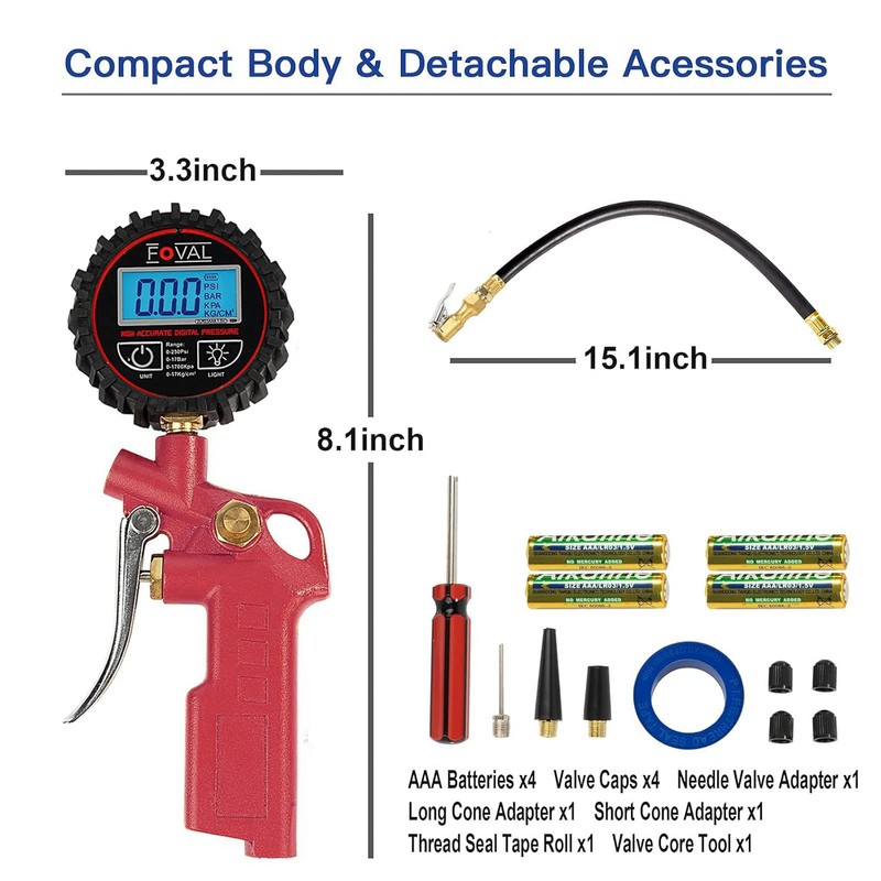 FOVAL Digital Tire Inflator with Pressure Gauge 250 PSI Air