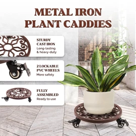 IDZO Heavy Duty Trolley Capacity 350 lbs Planter Caddies with Wheels Heavy Duty Cast Iron Plant Stand with Lockable Wheels Plant Stand 12 Inch Simple Style Dark Brown