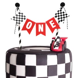 ZZDCMS Decoración para tartas de Race Car One – Decoración rápida para fiestas de decoración para tartas de primer para niños decoración rápida de bandera a cuadros en blanco y negro suministros