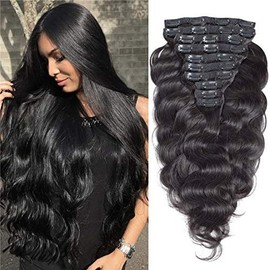 26inch Long Wavy Clip in Human Hair Extension Natural Black Color Brazilian Remy Body Wave Clip on Hair Extensions Full Head 100-150g (18inch 150grams, #2(Darkest Brown))