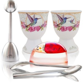 NobleEgg Boiled Egg Cups Topper Set | All-Inclusive Set | Egg Cups for Soft Boiled Eggs + Egg Timer Pro + Egg Spoons + Egg Topper Cracker + Gift Storage Box | Vintage Victorian Style | Set for 2