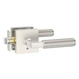 Amerdeco 1 Pack Privacy Door Handles, Brushed Satin Nickel Interior, Knurled Lever, Heavy Duty for Bedroom and Bathroom, Reversible Keyless for Right & Left Side AM0021