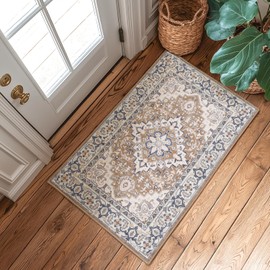 Lessymo 2 x 4 Entryway Rug, Machine Washable Area Rugs Boho Faux Wool Low Pile Area Rug for Bedroom, Floral Medallion Vintage Outdoor Rugs with Non-Slip Rubber,Brown Beige