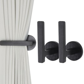 OCIOLI 2 Pieces of Curtain Tiebacks Wood Curtain Holdbacks Self Adhesive Curtain Holders L Shaped Curtain Hooks Curtain Pull Backs Curtain Tie Backs for Curtains (Black, 2)