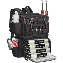 MATEIN Cooler Fishing Backpack with 4 Tackle Boxes, Water Resistant Tackle Backpack with Rod Holders & Safety Compass, Tray Bag Store Gear and Accessories, Mens Fishing Gifts