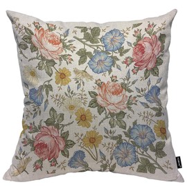 HOSNYE Floral Cotton Linen Throw Pillow Case Beautiful Chamomile Rose Petunia Wildflowers Print Pillow Cushion Cover Home Sofa Decorative 20 x 20 Inch