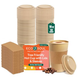 ECO SOUL 100% Compostable Coffee Cups With Lids & Sleeves - To Go Coffee Disposable Bagasse Cups |Sturdy & Eco-Friendly Cups for Cafes, Party, Office (50, 16 Oz)