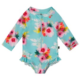 Deux par Deux Printed One-Piece Rashguard with Frills Turquoise and Pink Flowers Girl Toddler - 3/4 Years