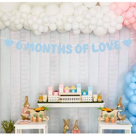 Pre-Strung 6 Months of Love Banner - Light Blue Glitter Happy 6 Months Birthday Decorations, Half Way to One Banner for Bor or Girl, Perfect for Gender Reveal Party/ Baby Half Birthday Party/ Baby Shower, Photo Booth Props