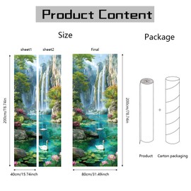 arricraft 2 Pcs Self-Adhesive Door Stickers, 31.5"x78.7" Swan Water Lily Flower Plant Green Scenery Pattern Door Murals Stickers PVC Doors Removable Wallpaper Decoration for Bedrooms Living Room