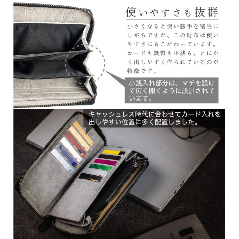 [Number7] Men's Long Wallet, Round Zipper, Toray Ultra Suede, Carbon