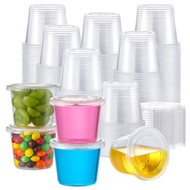 AOZITA 100 Sets - 5.5 oz Portion Cups With Lids, Jello Shot Cups, Small Plastic Containers, Airtight and Stackable Souffle Cups