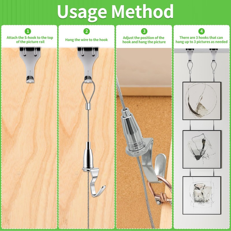 8PCS Adjustable Picture Hanging Wire Kit(6.56FT, 3 Hooks) Picture Rail