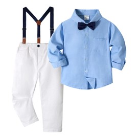 Volunboy Baby Boy Gentleman Suits Blue Long Sleeve Suspenders Bowtie Pants Set Wedding Ring Bearer Dress Outfit (BlueWhite, 18-24 Months)
