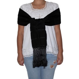 Typical Mexican Rebozo or Chalina, Mexican Pashmina Shawl (94" x 24.5"), Black, One Size