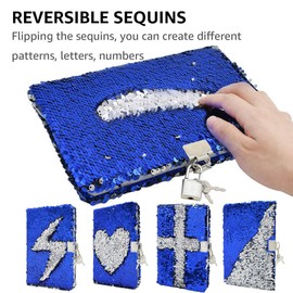 VIPbuy Reversible Sequin Notebook Diary with Lock and Key Lined Travel Journal w/ Photo Corner for Kids Girls Boys Gift, Size A5 (215 x140mm), 156 Pages, Blue to Silver