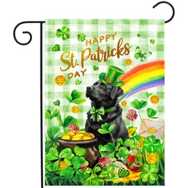 Black Lab St Patricks Day Garden Flag Labrador Dog St Patrick's Day Yard Flags for Outside 12x18 Double Sided Buffalo Plaid Shamrock Flag Small Outdoor Rainbow St Patrick's Decor