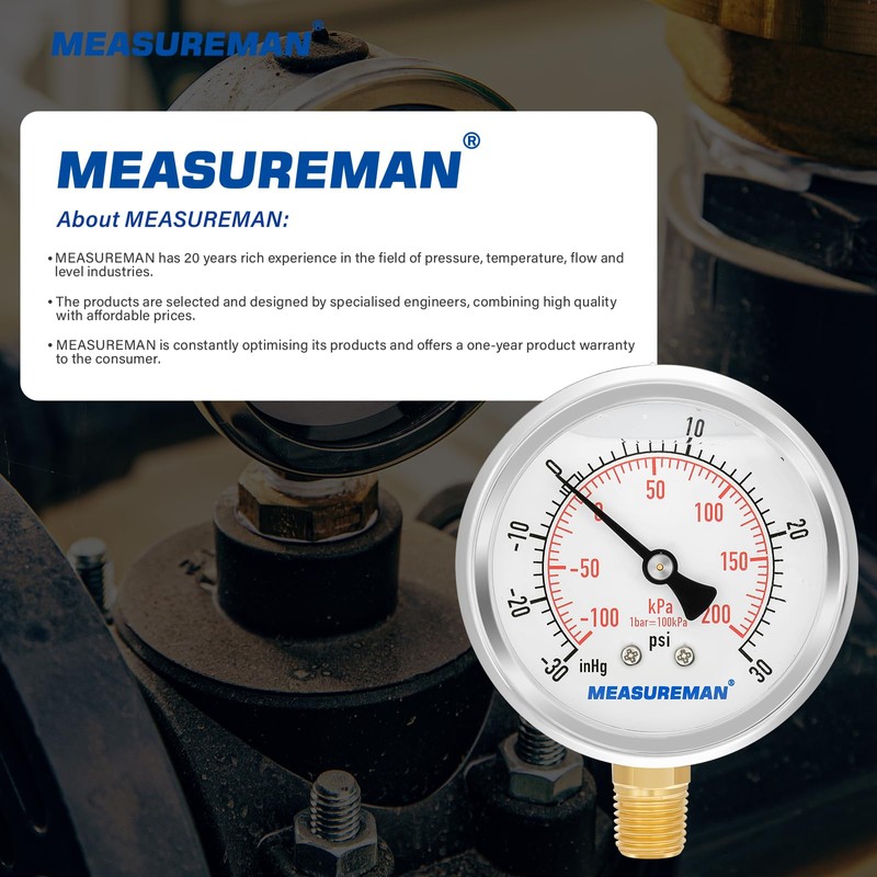 MEASUREMAN 2-1/2" dial, 1/4" NPT Lower, Glycerin Filled, Stainless Steel