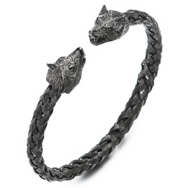 COOLSTEELANDBEYOND Mens Wolf Head Bracelet Steel Braided Cable Bangle Cuff Bracelet Grey Black Polished, Adjustable