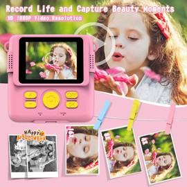 Kids Camera for Girls Boys, Kids Instant Print Camera Toy, 2.4" Screen, 1080P HD Kids Digital Camera with 3 Rolls Photo Paper, Birthday Gifts for 3 4 5 6 7 8 9 10+ Year Old,6 Color Pens, 32GB SD Card
