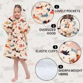 Mewkou Wearable Blanket Hoodie for Kids Oversized Sherpa Blanket Hoodie for Kids Boys Girls Toddler 2-6YR,Dachshund