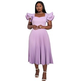 AOMEI Women's Light Purple Square Collar Ruffles Sleeve Pleated Elegant Midi Dress (4XL,4X-Large)