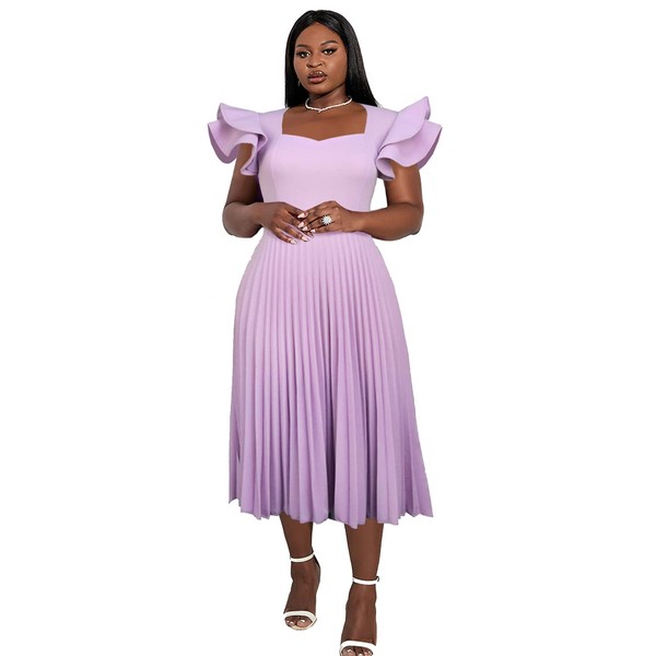 AOMEI Women's Light Purple Square Collar Ruffles Sleeve Pleated Elegant