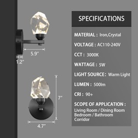 HAIXIANG Set of 2 Wall Sconces Black Modern Crystal Vanity Lighting for Bathroom Bedroom Living Room Entryway Wall Light Hallway Dining Room Lights Wall Mount Lighting Fixture with Warm Bubls