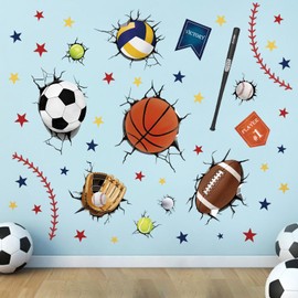 decalmile Wandtattoo 3D Fußball Durchbruch Junge Wandaufkleber Sport Bälle Basketball Wandsticker Kinderzimmer Babyzimmer Spielzimmer Wanddeko