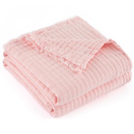 GINAMUSE Muslin Throw Blanket for Bed 100% Cotton Gauze Fall Blankets Lightweight Soft Cozy Breathable Summer Throws for Adults All Seasons Use,90"x90" Queen Size Pink