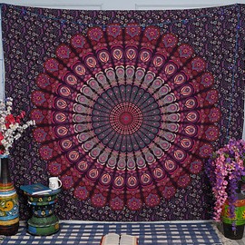 FURNISHFUL FINESSE Mandala Tapestry Purple Pink Wall Hanging Tapestries Boho Peacock Wall Towel for Decor Home and Living Room - 137 x 213 cm