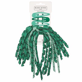 Basic Sense 2PCS Spiral Streamer Elastics and Hair Snap Clips - Plain & Gingham for Girls, Green