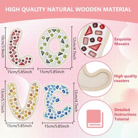 WEBEEDY 4 Sets DIY Glass Mosaic Tiles Kit Love Mosaic Coaster Making Kit with Instruction Glass Mosaic Tiles Pieces with Wooden Board for Adults Beginners Gift for Birthday Christmas Valentine's Day