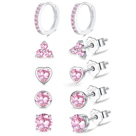 EPIRORA 925 Sterling Silver Stud Earrings Set for Women Men, Hypoallergenic Pink Cubic Zirconia Stud Cartilage Helix Earrings, 5 Pairs Silver Hoop Earring Studs Sets for Multiple Piercing