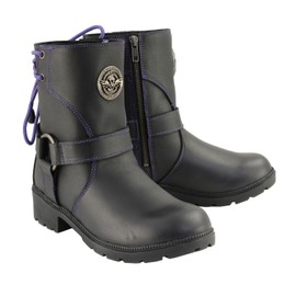 Milwaukee Leather MBL9317 Women's Black Leather Harness Zip-Up Motorcycle Rider Boots w/Purple Back Laces - 8