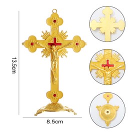 KOMI 5 Inch Gold Plated Catholic Crucifix with Detachable Base, Metal Cross Standing for Home Office Church, Religious Decor
