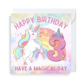 Second Ave Cute Pink Unicorn 3rd Birthday Age 3 Square Birthday Greeting Card for Girl