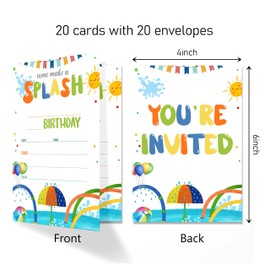 Splash Pad Birthday Invitation Cards with Envelopes Pack of 20 (4"x6"), Party Invitations for Boys, Girls, Kids, Teens, ‘Come Make A Splash’ Summer Water Park Party Favors Decor and Supplies.(38)